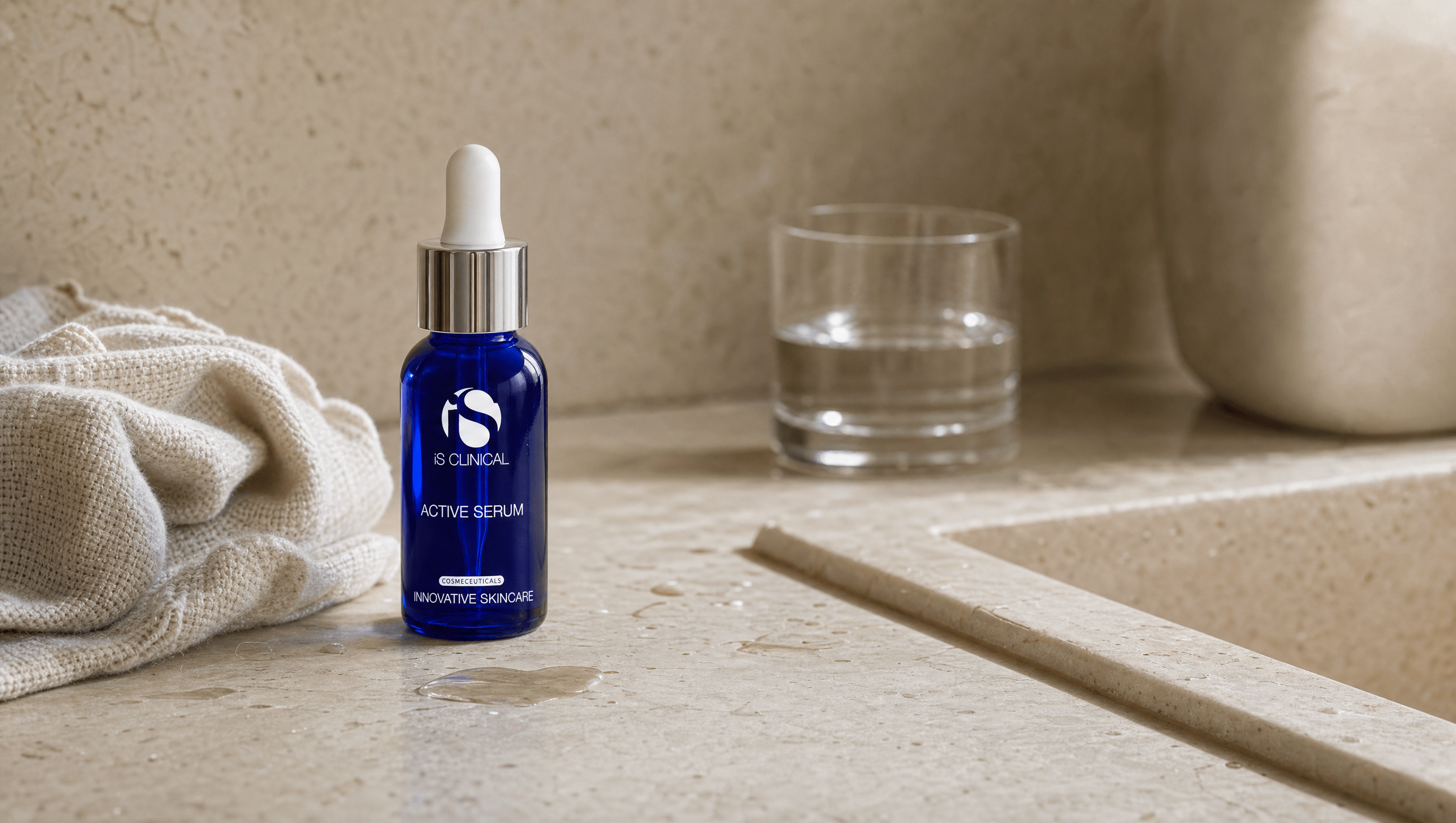 iS Clinical Active Serum blue dropper bottle on a travertine bathroom ledge with a waffle towel and a glass of water