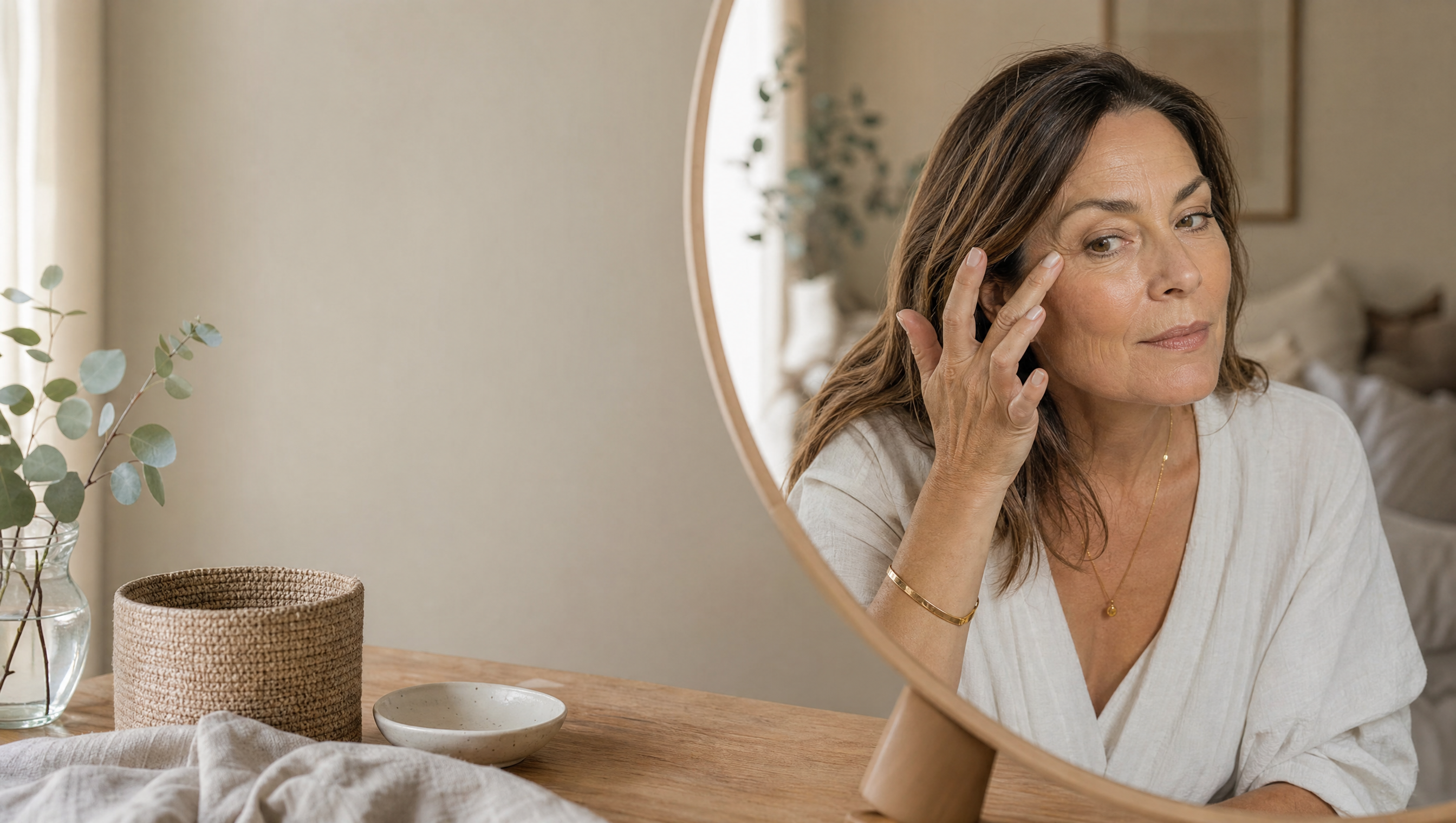A woman in her late forties inspecting her skin in a dressing-table mirror in soft morning light