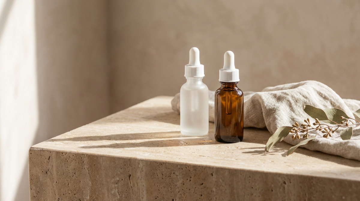 Two unbranded dropper serum bottles on a warm travertine ledge with linen and eucalyptus in soft daylight