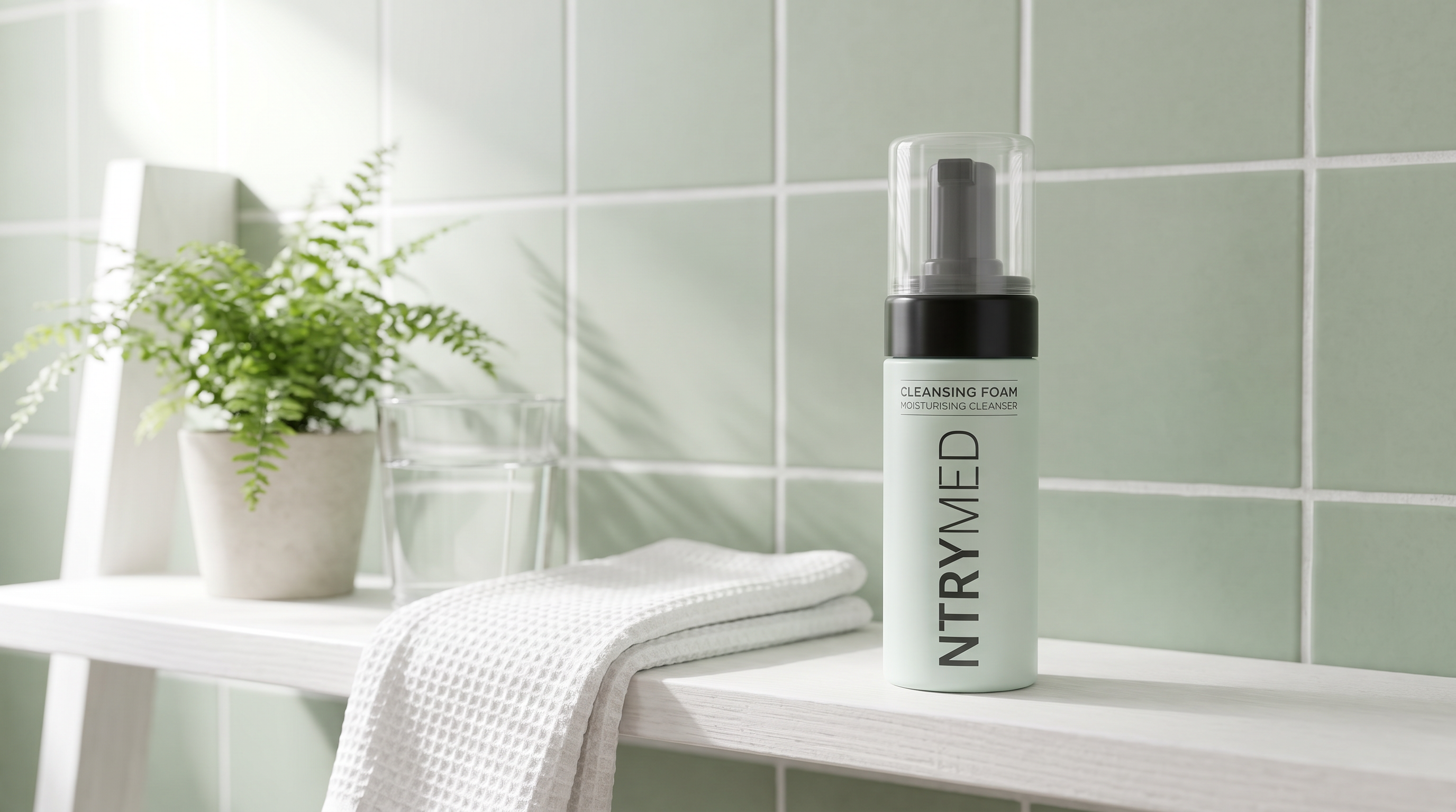 NTRYMED Cleansing Foam on a white bathroom shelf against sage-green tiles with a fern and waffle face cloth
