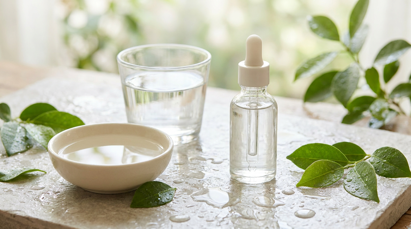 A clear unbranded dropper bottle, a glass of water and fresh green leaves with water droplets on a pale stone surface