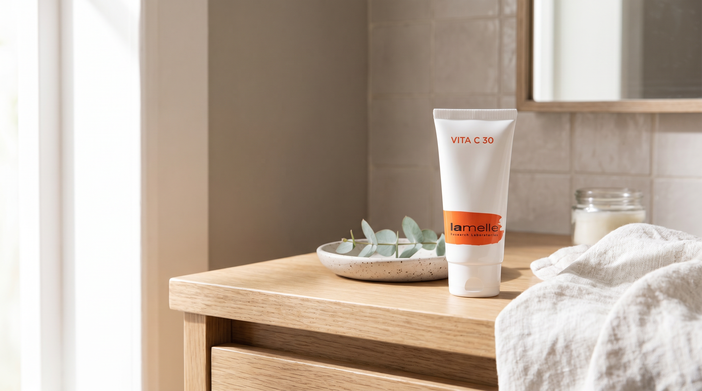 Lamelle Vita C 30 cream on a naturally-lit wooden vanity with eucalyptus in a ceramic dish.