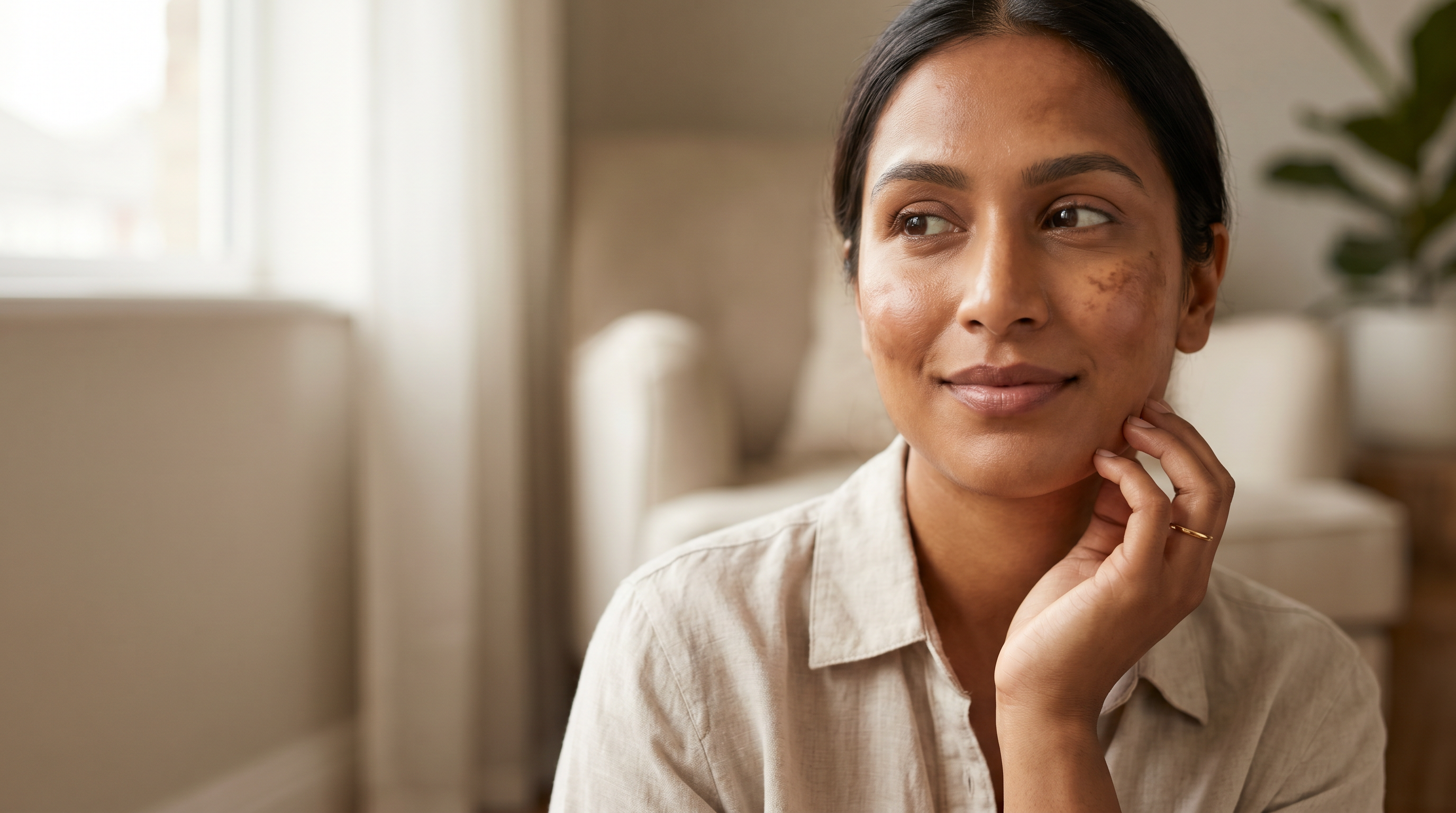 A woman with mild facial pigmentation in soft natural light