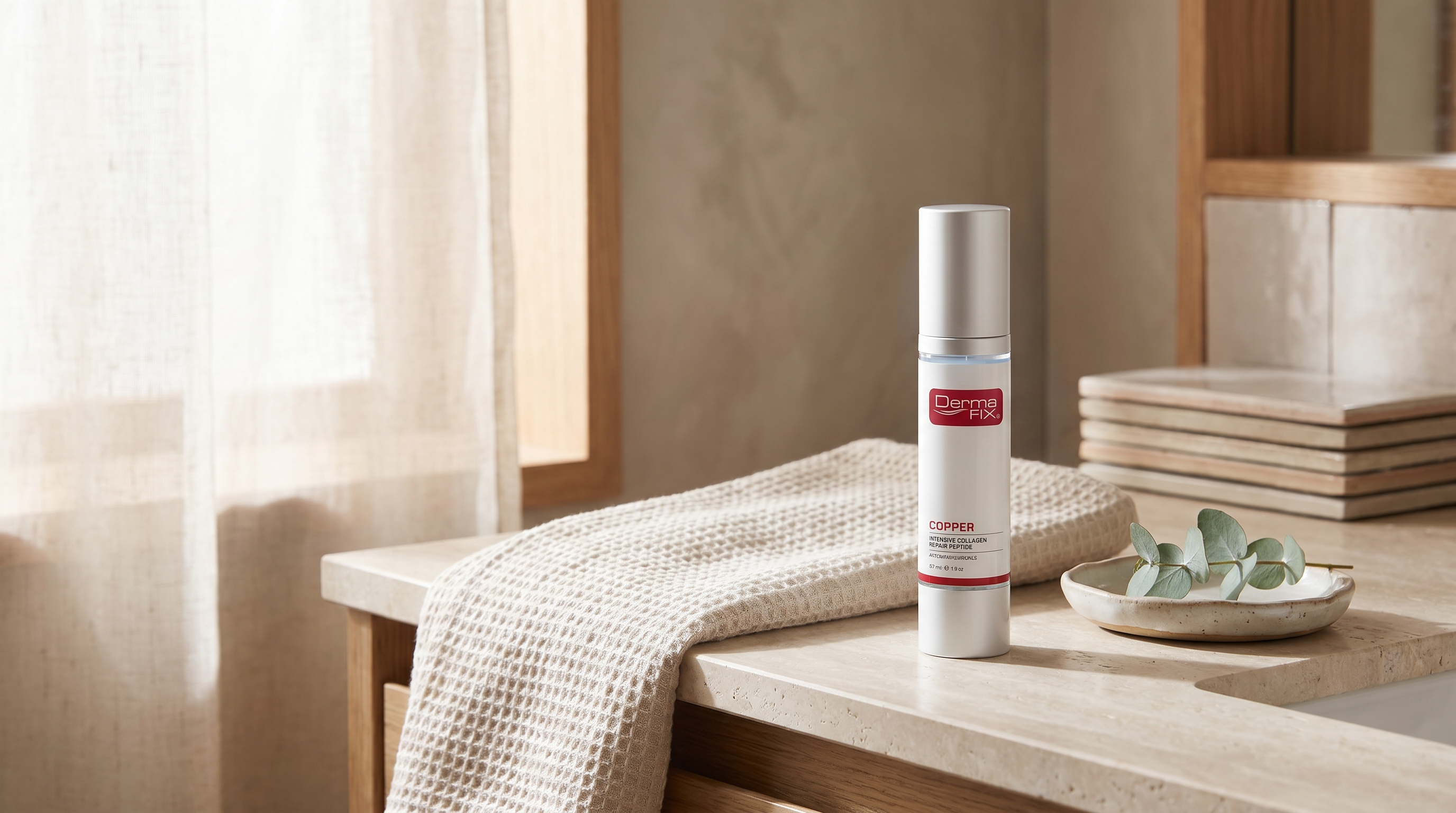 DermaFix ACC Copper Peptide on a bathroom vanity in soft natural daylight with a linen towel and eucalyptus.