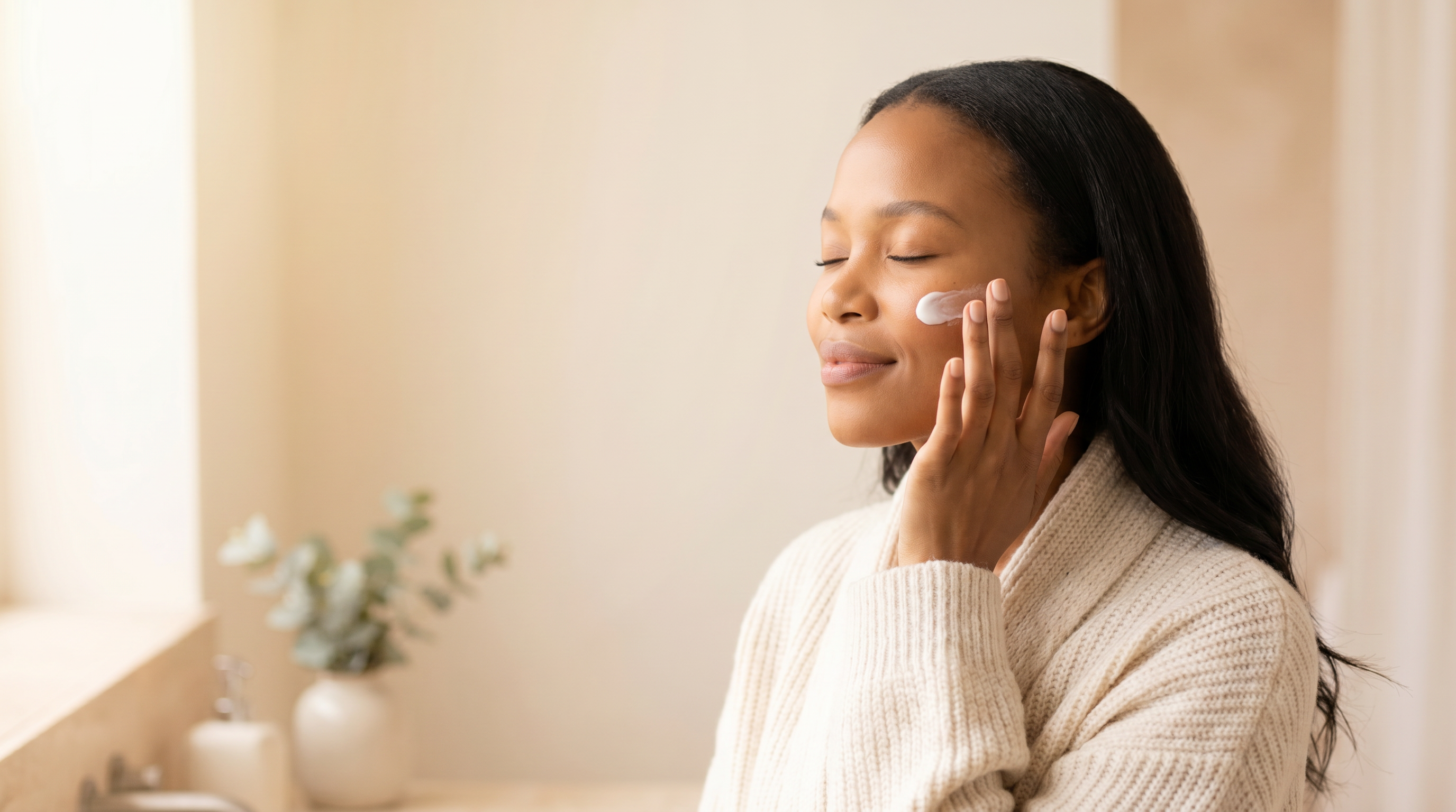A woman in a soft cream knit pressing moisturiser into her cheek on a cosy winter morning.