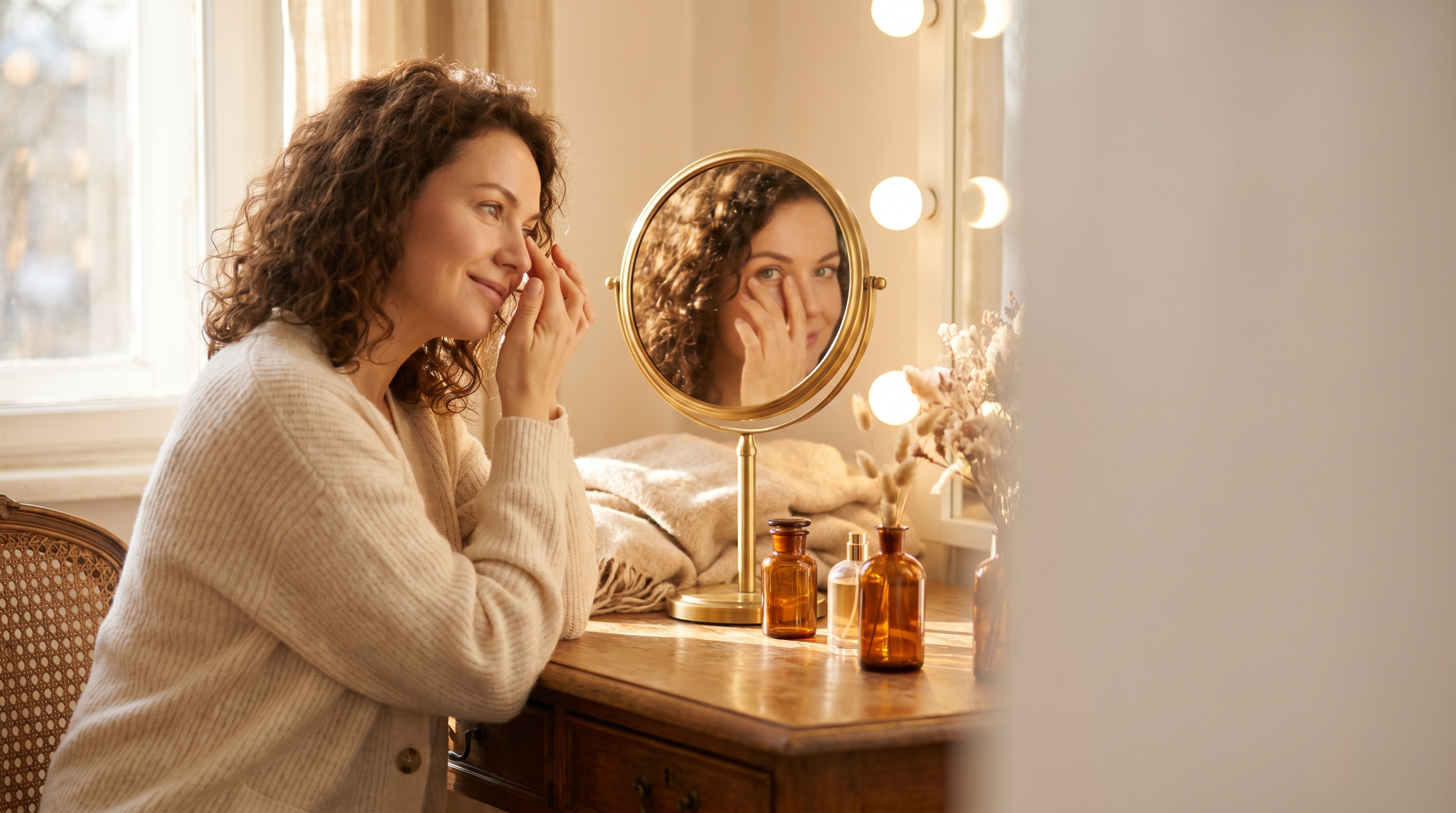 Beautiful woman with curly brown hair at her dressing table mirror, touching the skin near her eye in warm winter light