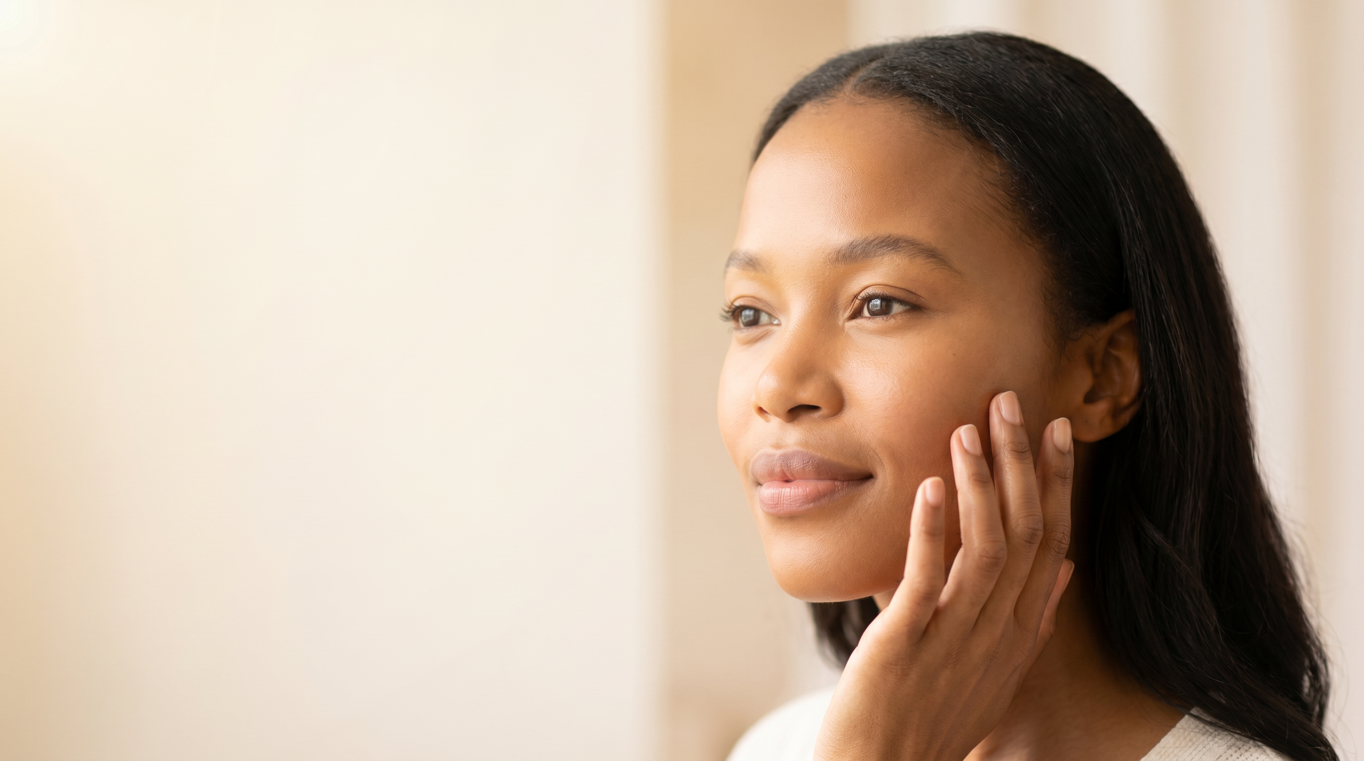 A woman with luminous, even-toned skin resting her fingertips on her cheek in warm light.