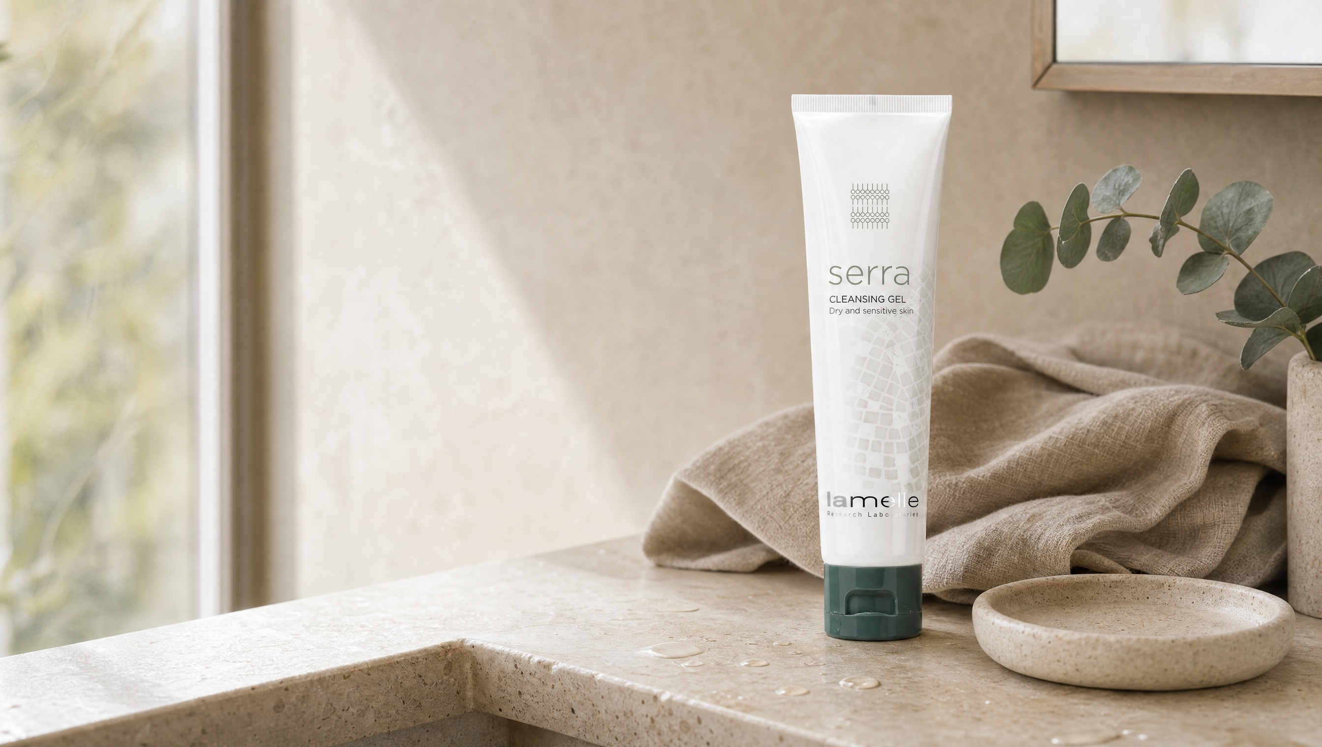 Lamelle Serra Cleansing Gel tube standing on its green cap on a travertine basin ledge with linen and eucalyptus in soft morning light