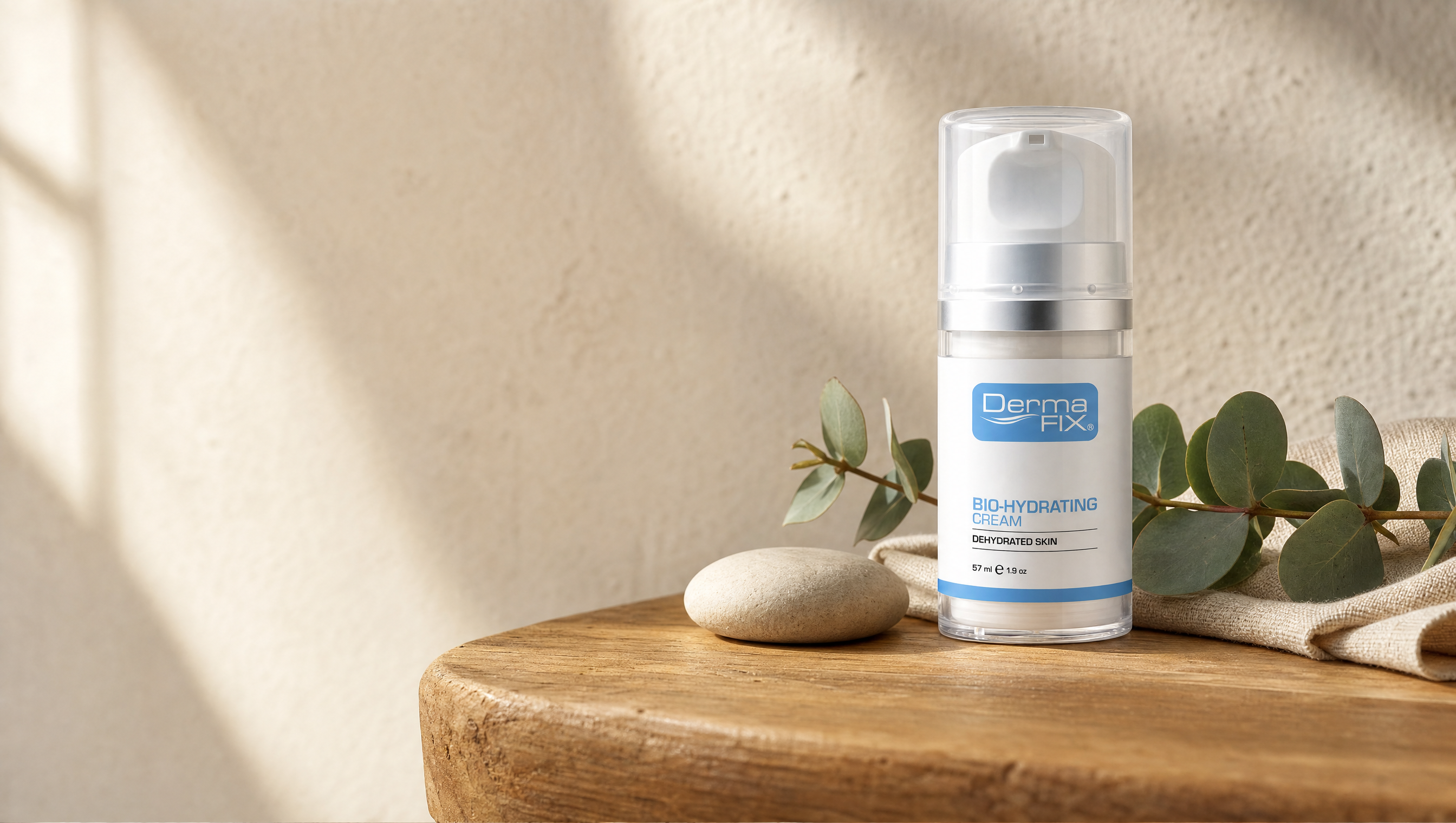 DermaFix Bio-Hydrating Cream bottle on a wooden ledge with eucalyptus and linen in soft daylight