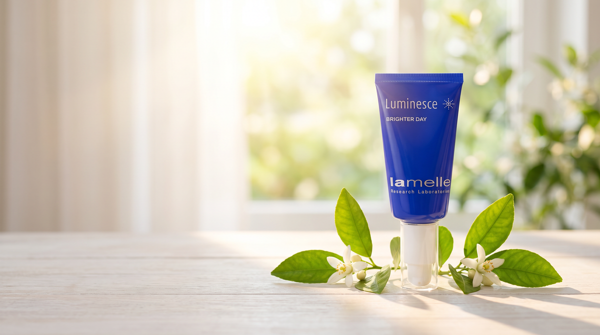 Lamelle Luminesce Brighter Day cobalt-blue tube in a bright spring scene with citrus leaves and blossom