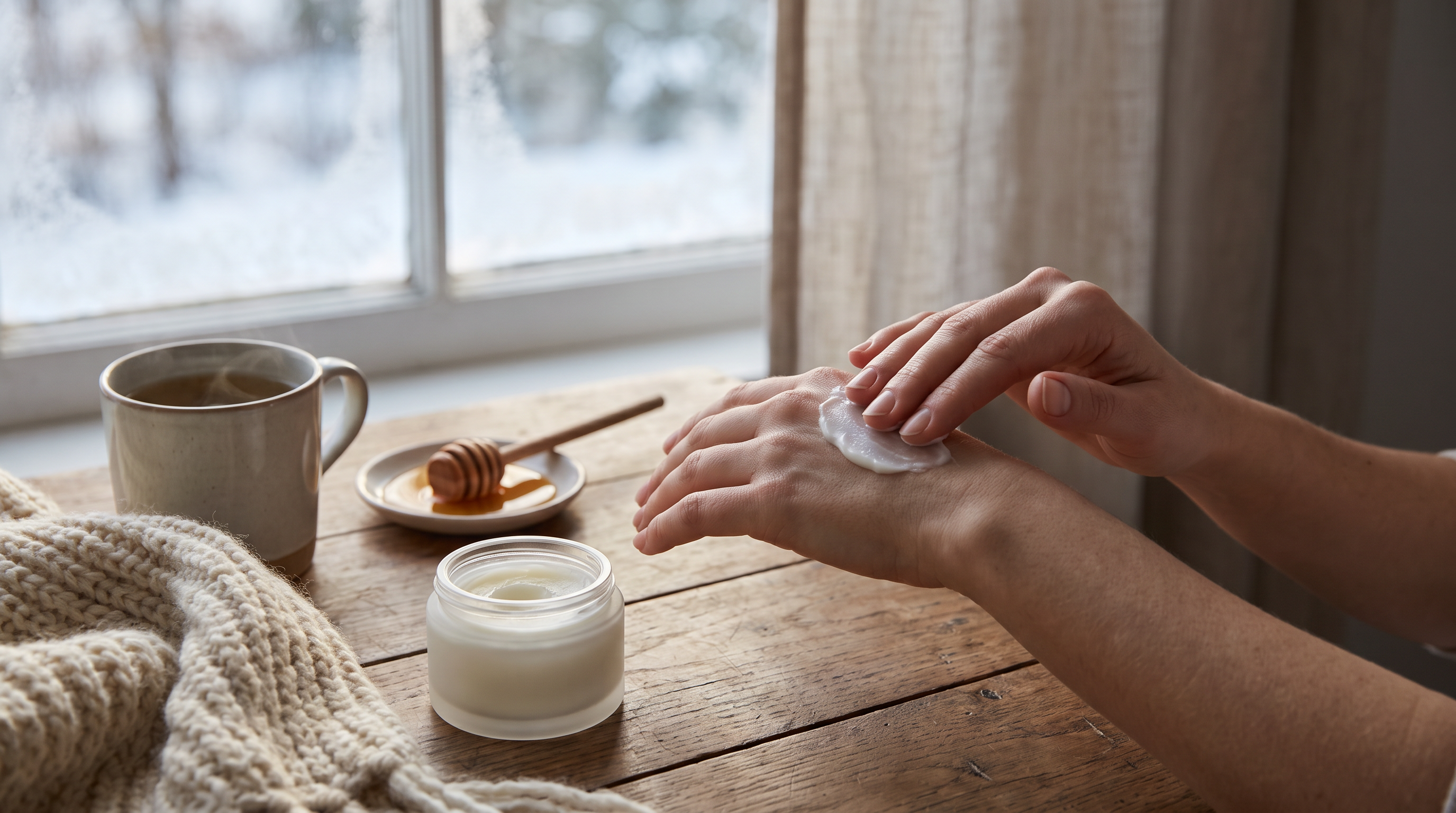 Hands massaging cream into the back of a hand at a winter window, with an open jar of balm, honey and a cup of tea on an oak table