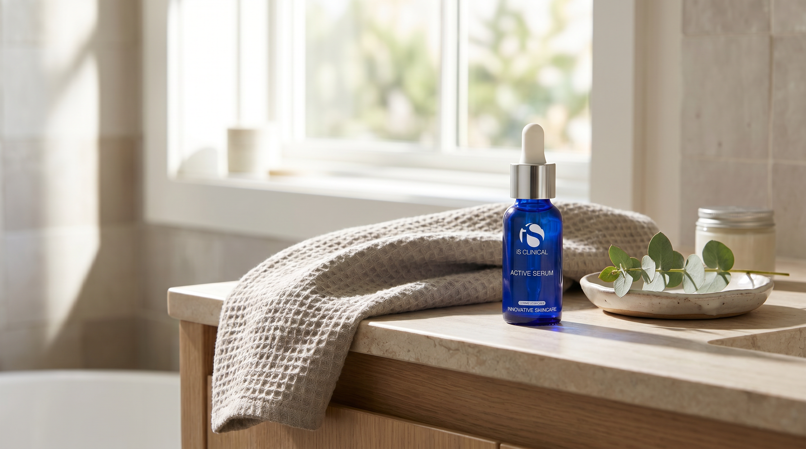 iS Clinical Active Serum on a naturally-lit wooden vanity with a linen towel and eucalyptus.