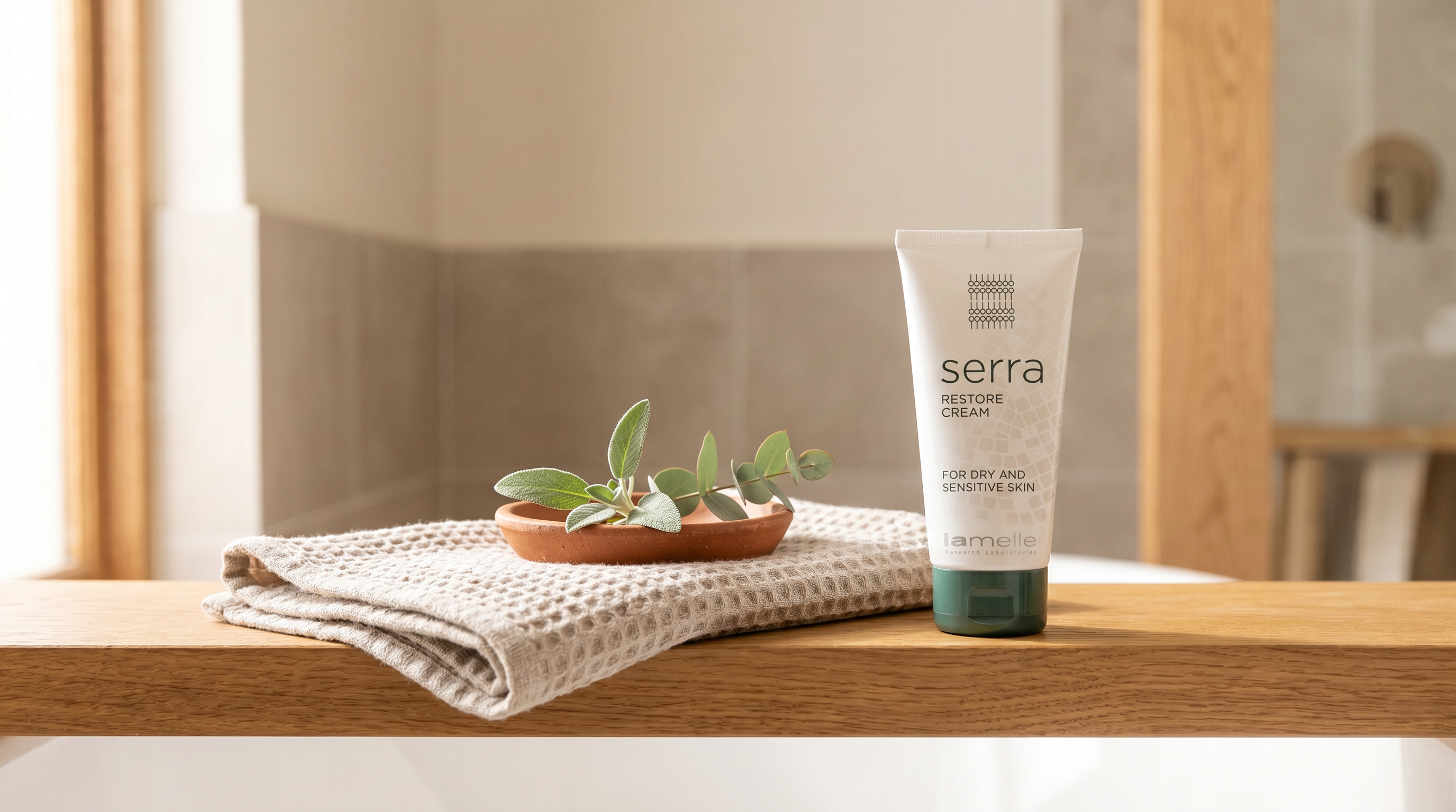 Lamelle Serra Restore Cream on a warm oak shelf with a soft towel and greenery, in calm daylight