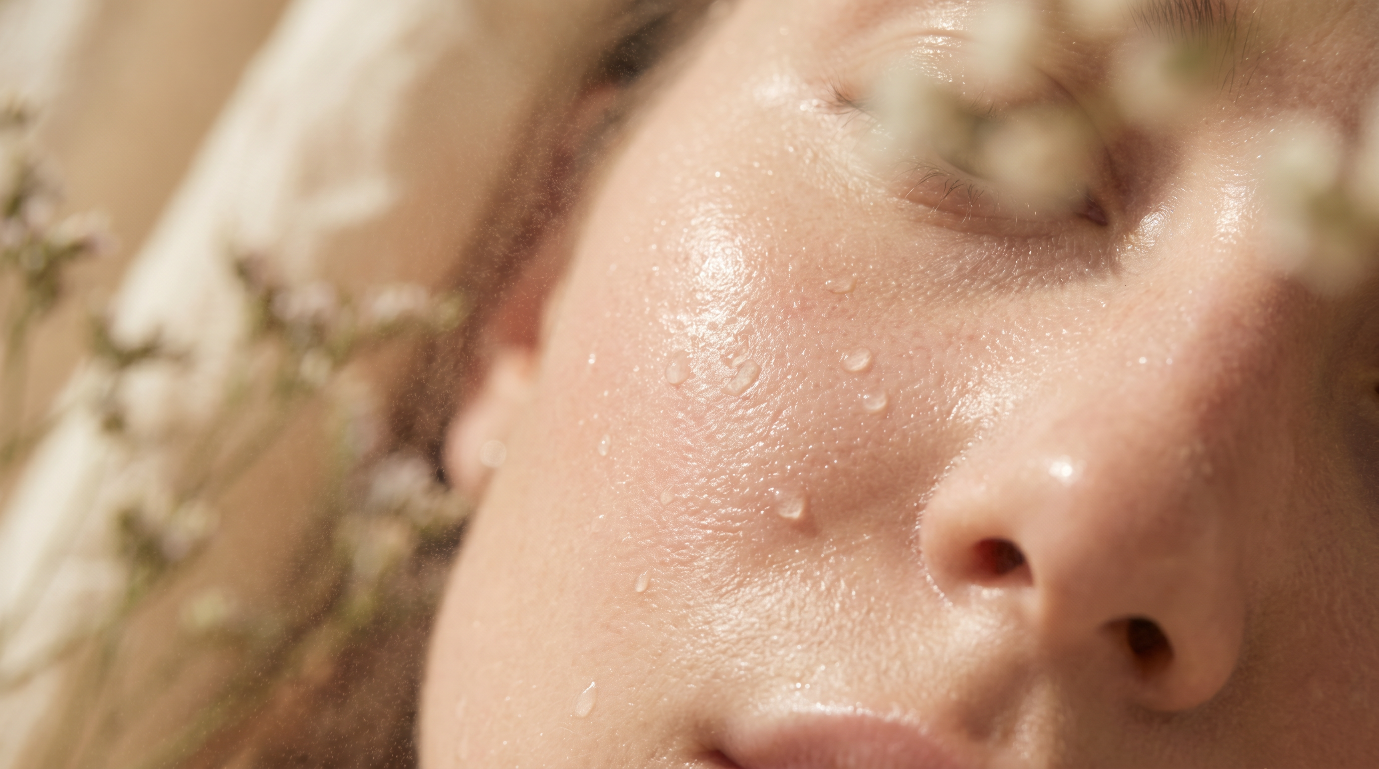Soft close-up of healthy, dewy, balanced skin with delicate water droplets and a gentle glow.