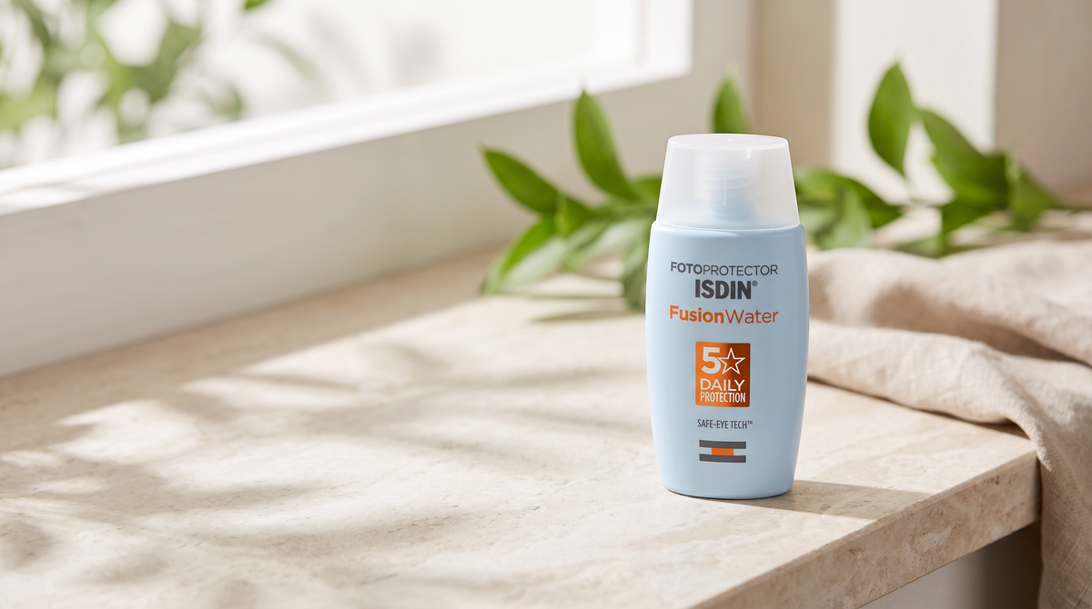 ISDIN Fusion Water sunscreen bottle on a sunlit natural stone ledge with soft greenery