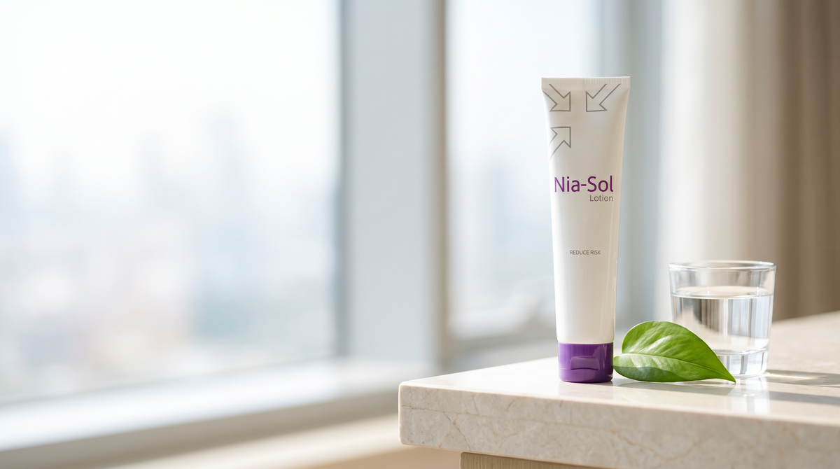 Lamelle Nia-Sol Lotion tube on a pale marble ledge by a bright window with a fresh leaf and glass of water