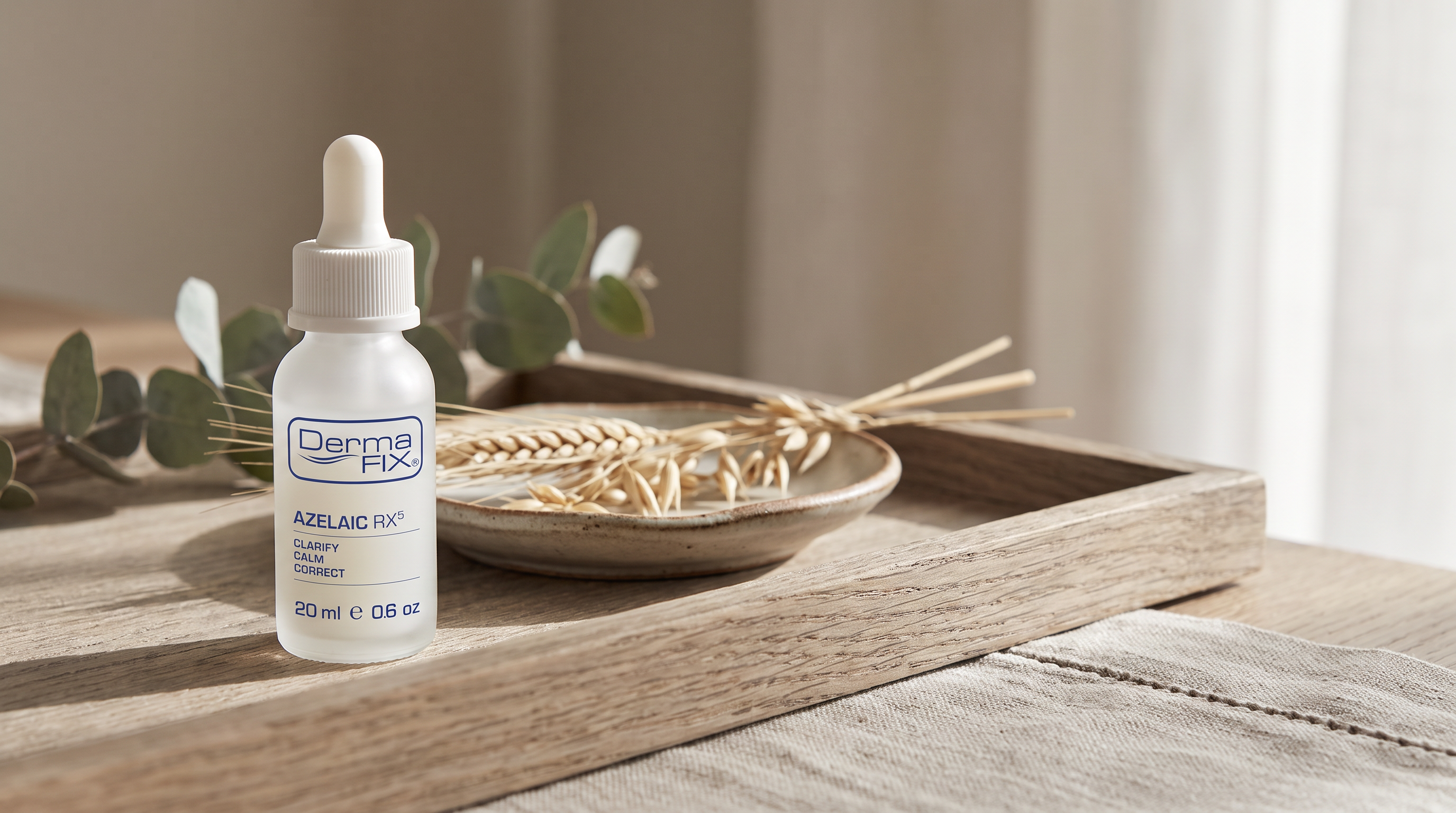 DermaFix Azelaic RX5 serum on a wooden tray beside a ceramic dish of barley stems in soft natural light