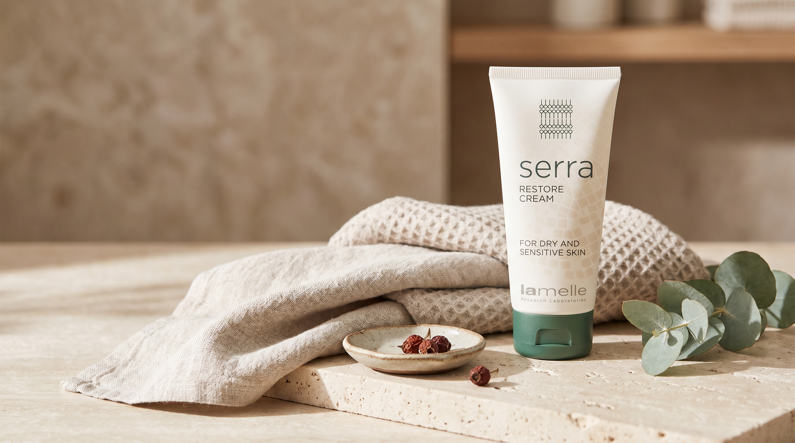 Lamelle Serra Restore Cream on a warm travertine surface with linen and eucalyptus, soft winter daylight