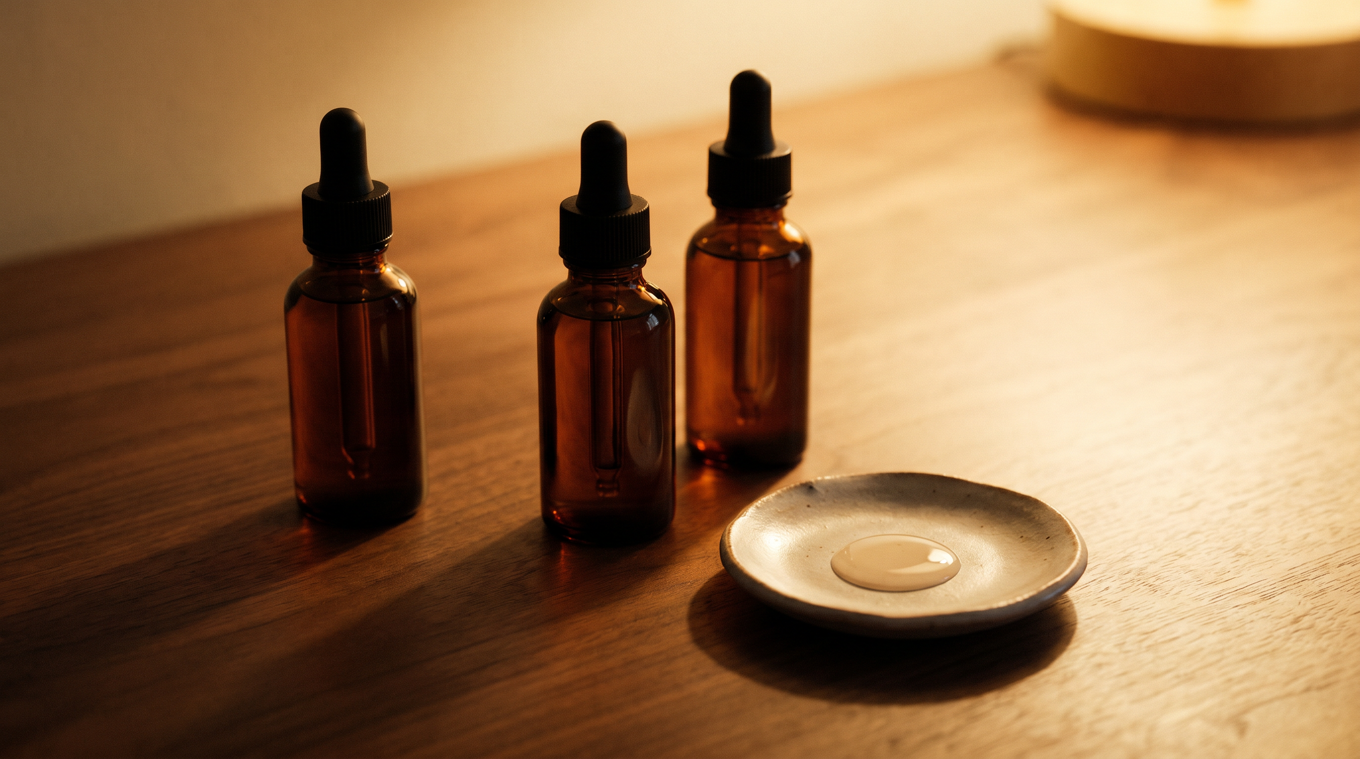 Two amber dropper bottles on a warm wooden surface in soft evening lamp light.