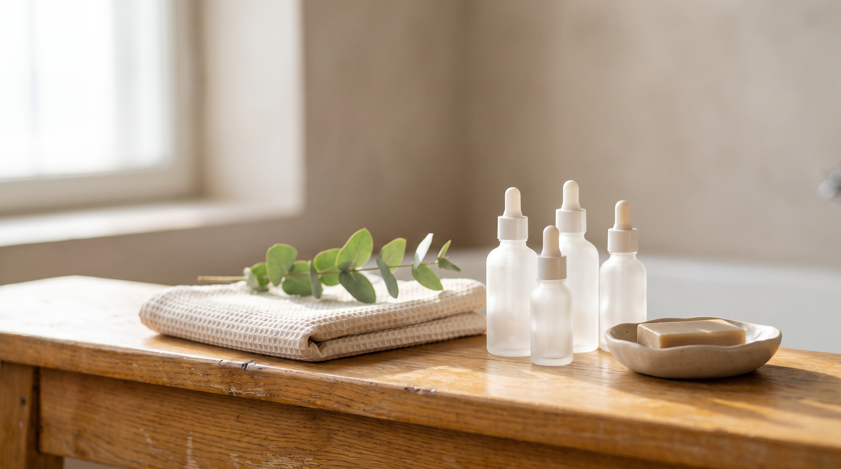 Frosted-glass dropper bottles, a waffle-linen towel and eucalyptus on a sunlit oak bathroom ledge