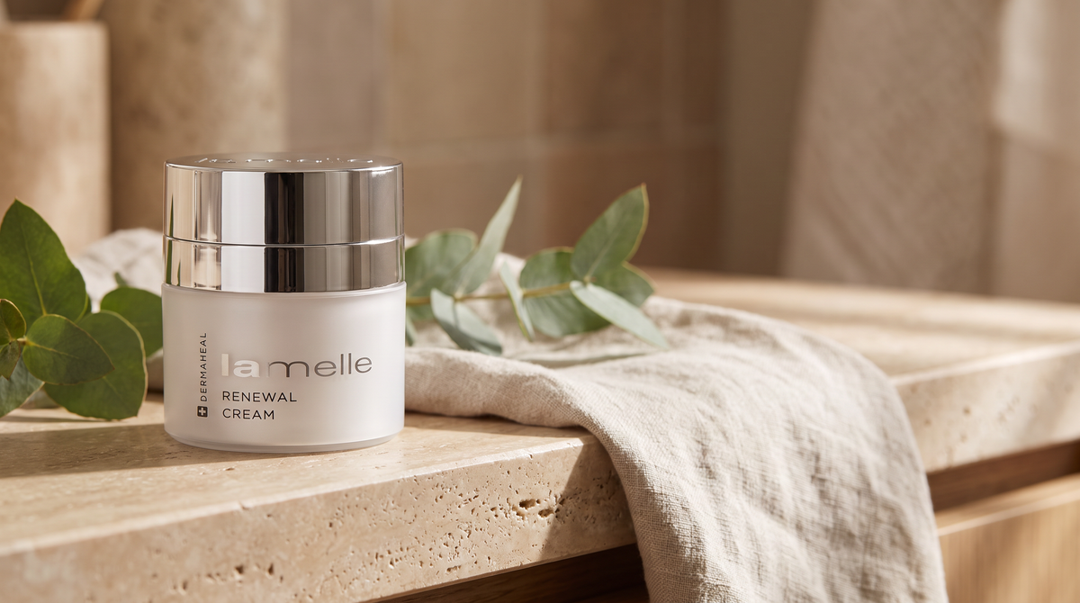 Lamelle Dermaheal Renewal Cream jar on a warm travertine ledge with eucalyptus and linen in soft daylight