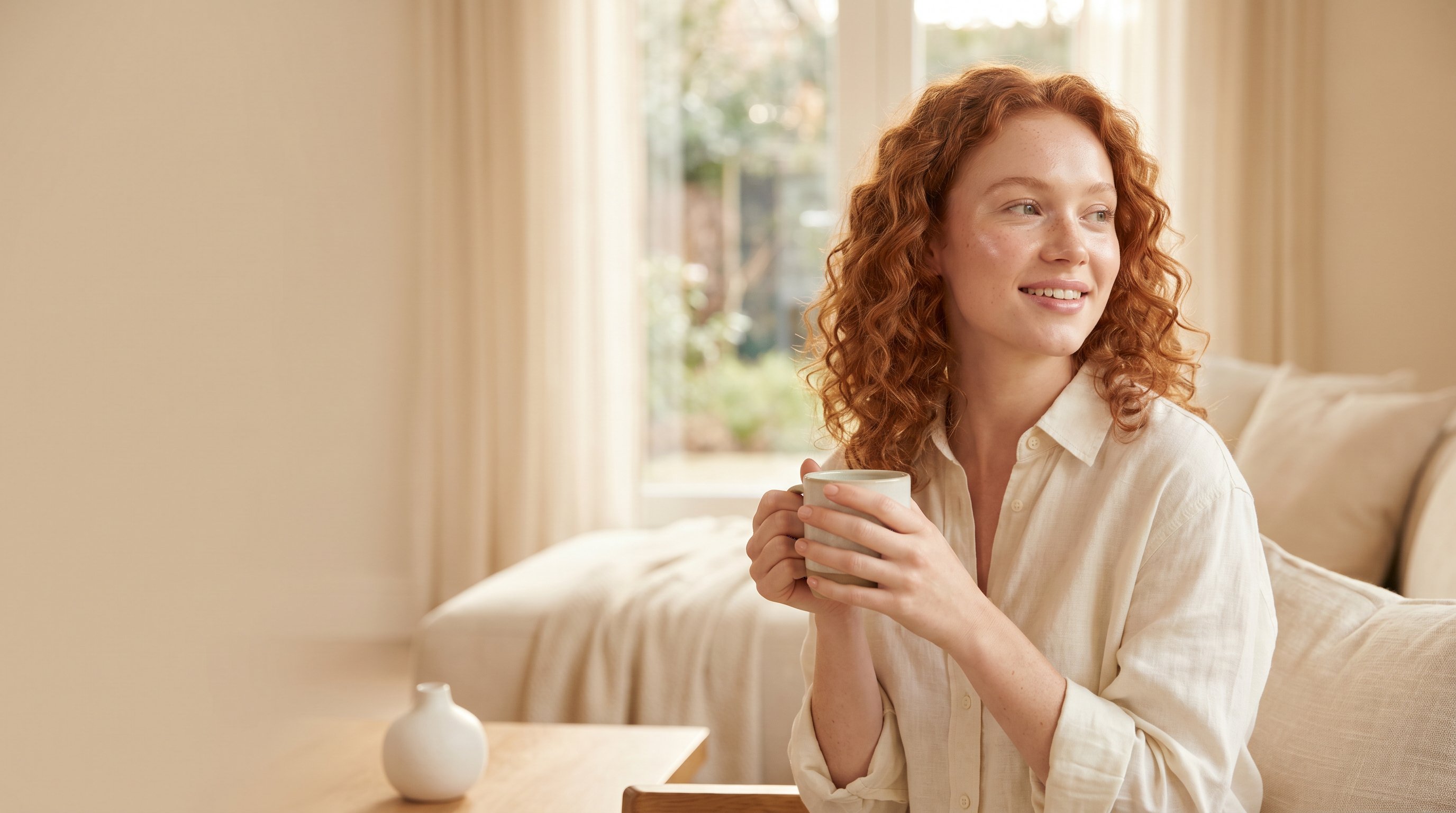 A red-haired woman with freckles and fresh, healthy skin in warm natural sunlight.