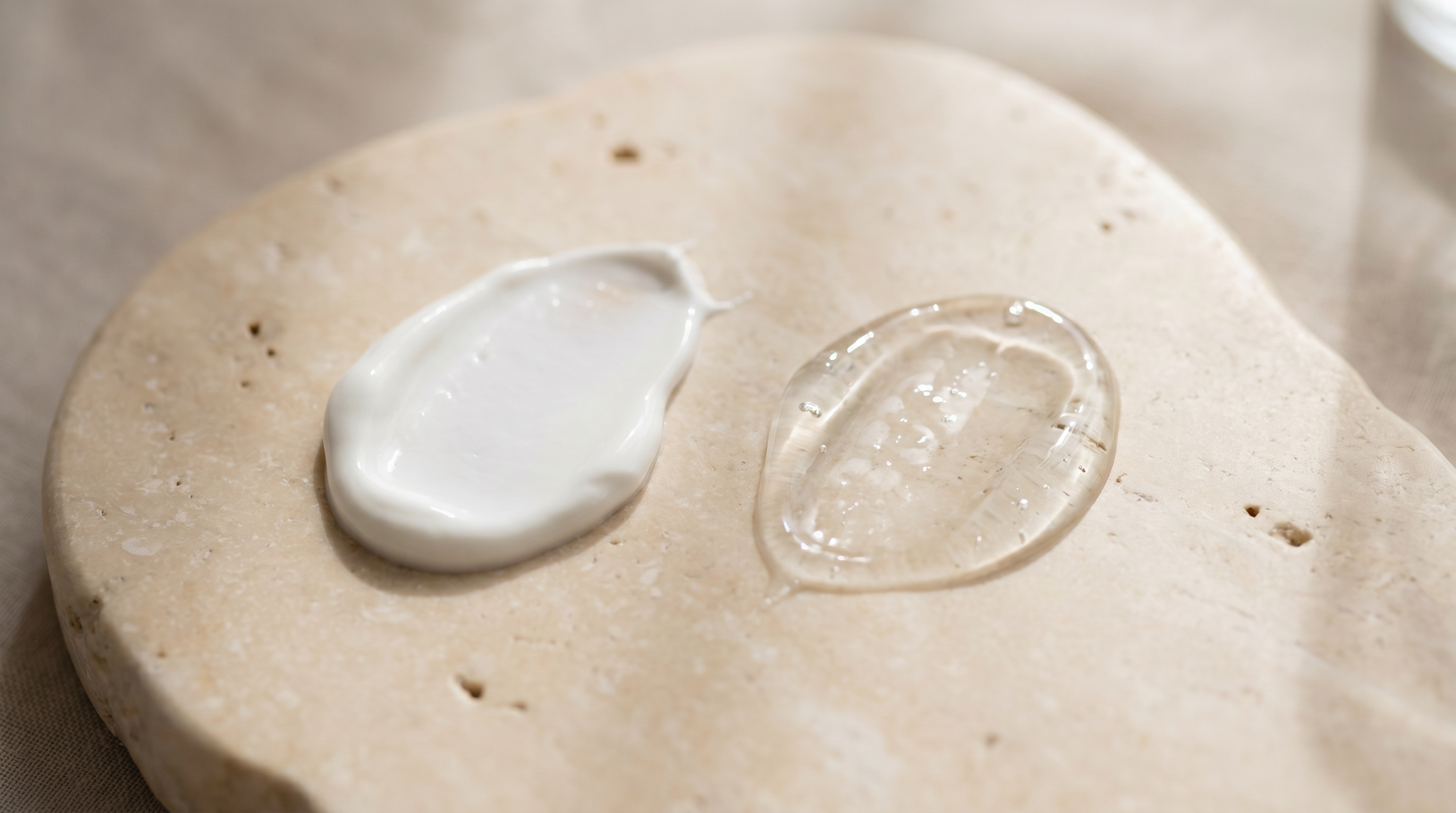 Two sunscreen textures swatched side by side on a warm stone surface, one opaque cream and one clear gel.