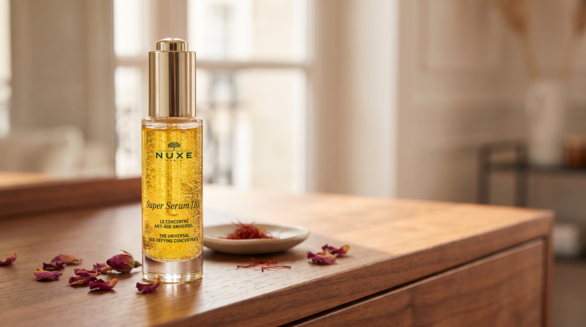 Nuxe Super Serum [10] golden serum bottle on a walnut vanity with dried rose petals and saffron