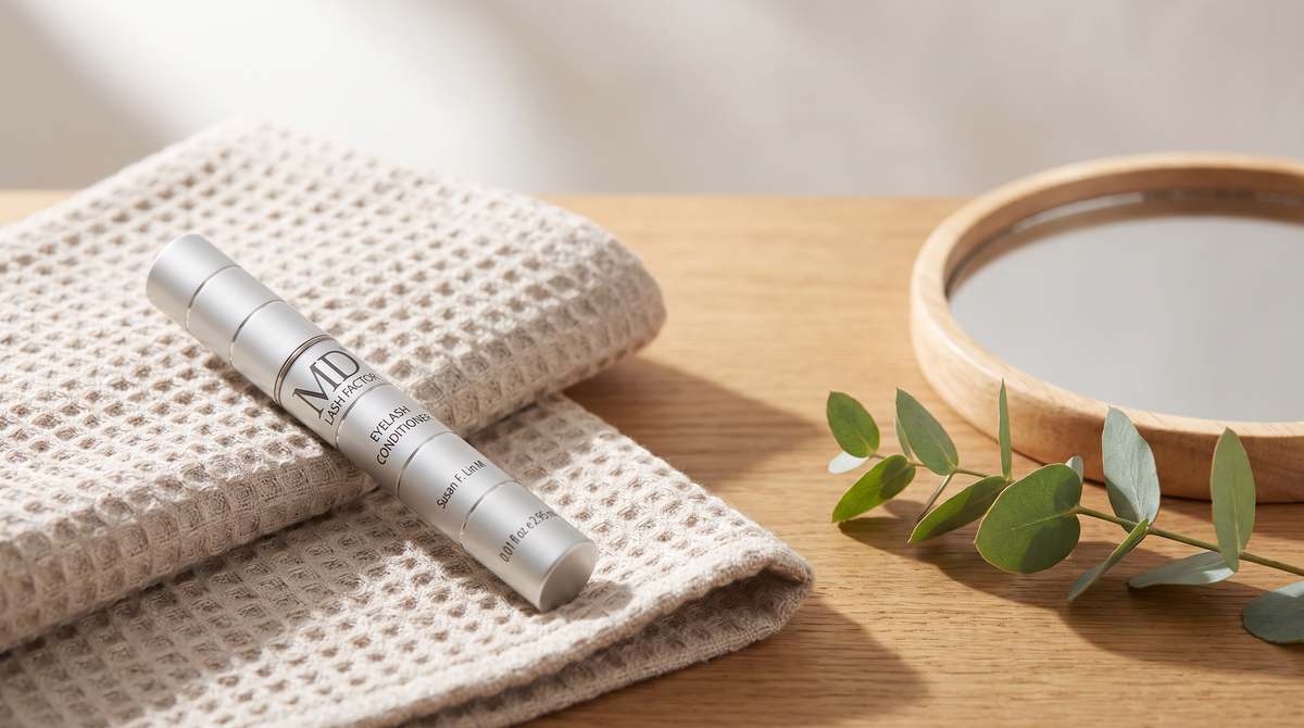 MD Lash Factor Eyelash Conditioner on a waffle towel beside a round mirror and eucalyptus in soft daylight